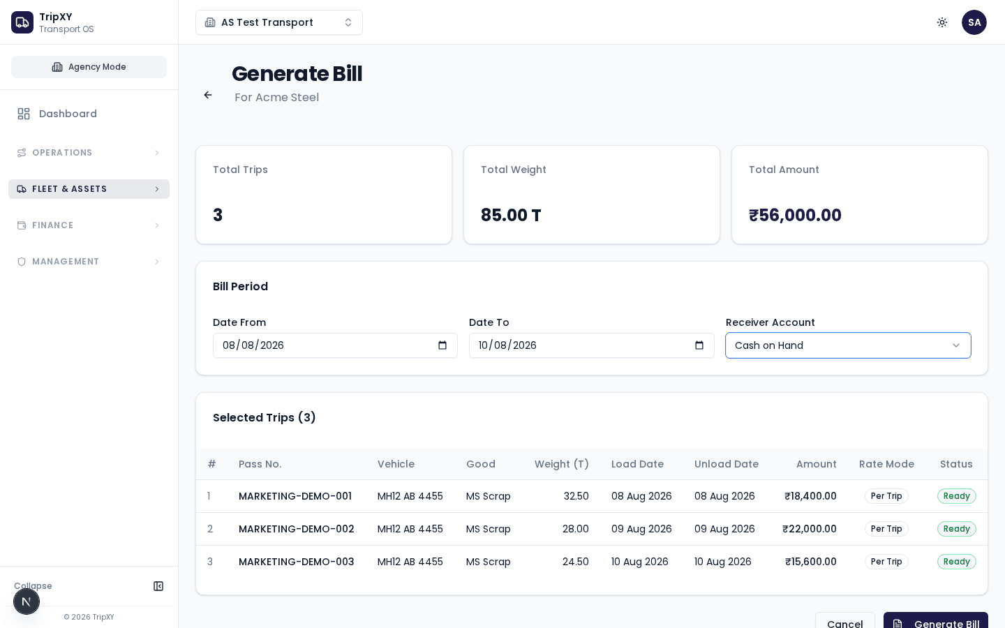 Generate the bill screenshot
