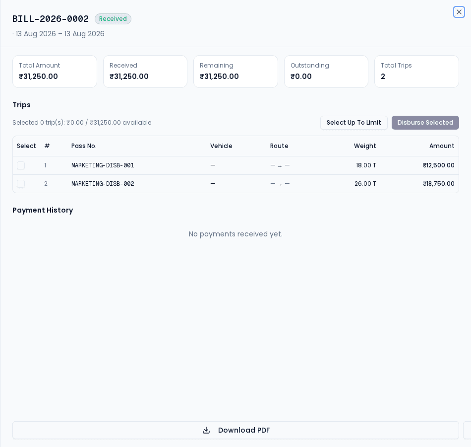 Disburse to vehicle owners screenshot